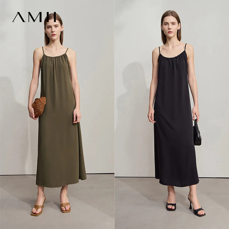 AMII Minimalist Office Lady Dress Women 2025 Summer Female Sleeveless U-neck Solid Adjustable Shoulder Strap Dresses 12542192
