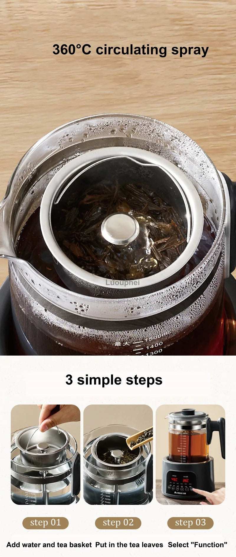 1.5L Smart Electric Kettle Multifunction Steam Teapot Temperature Control Health Pot Office Glass Flower Teapot Auto Keep Warm