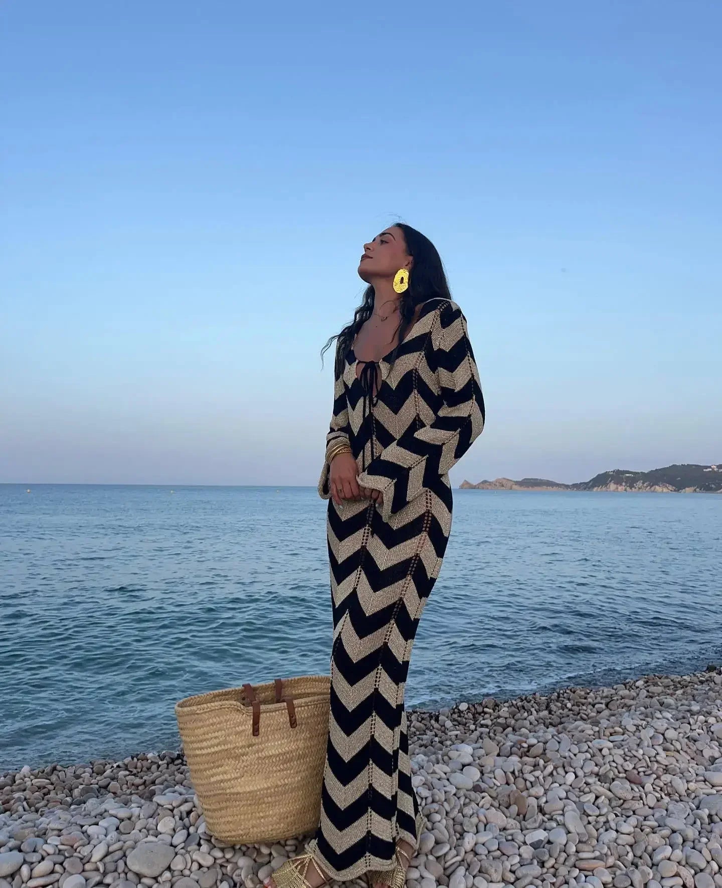 2025 Women's  Stripled Long Sleeve Slim Elegant Knitted Maxi Dress V Neck Autumn New Lace Up Hollow Sexy Beach Cover Up Dress