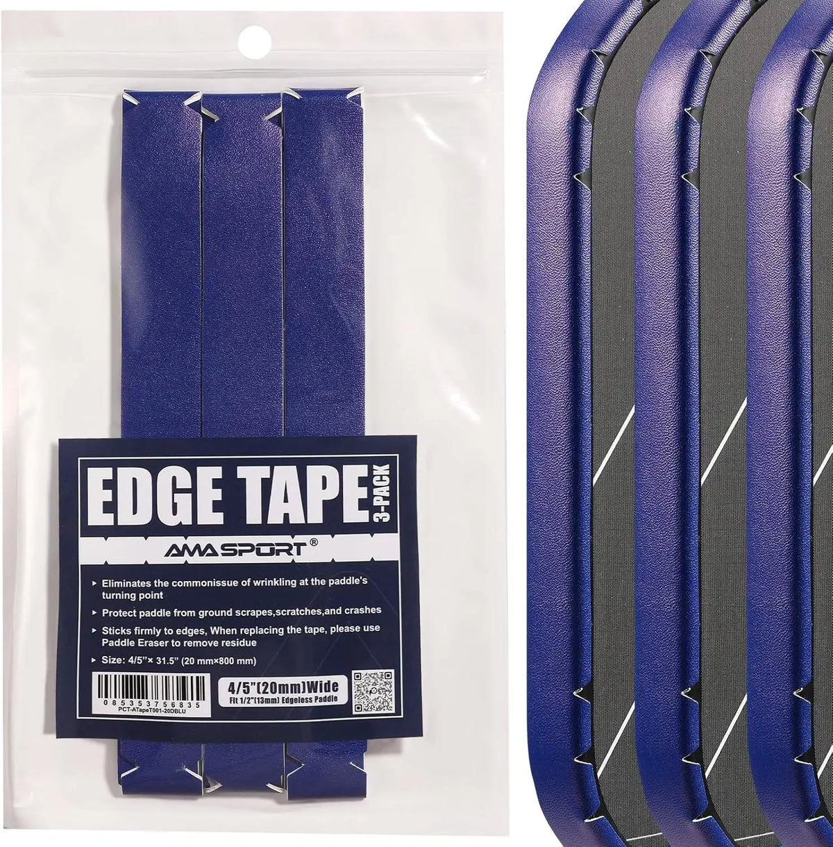 AMASPORT Pickleball Paddle Protection Tape 20mm/23mm/26mm  for 13mm/16mm/19mm Paddle-Navy Blue-Pickleball Edge Euard Tape