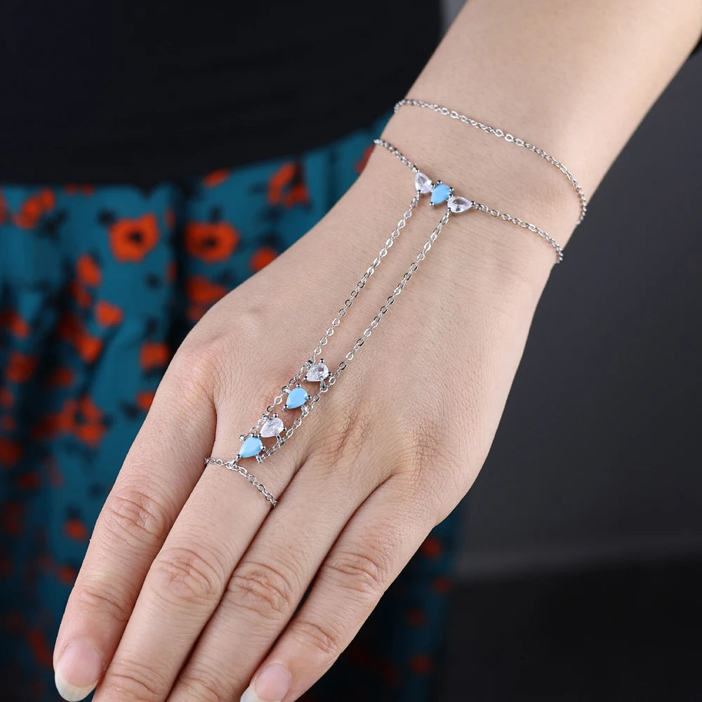 2025 New High Quality Geometric Bezel Setted Blue Turquoises Stone Summer Hot Fashion Jewelry Women Hand Chain Bracelet