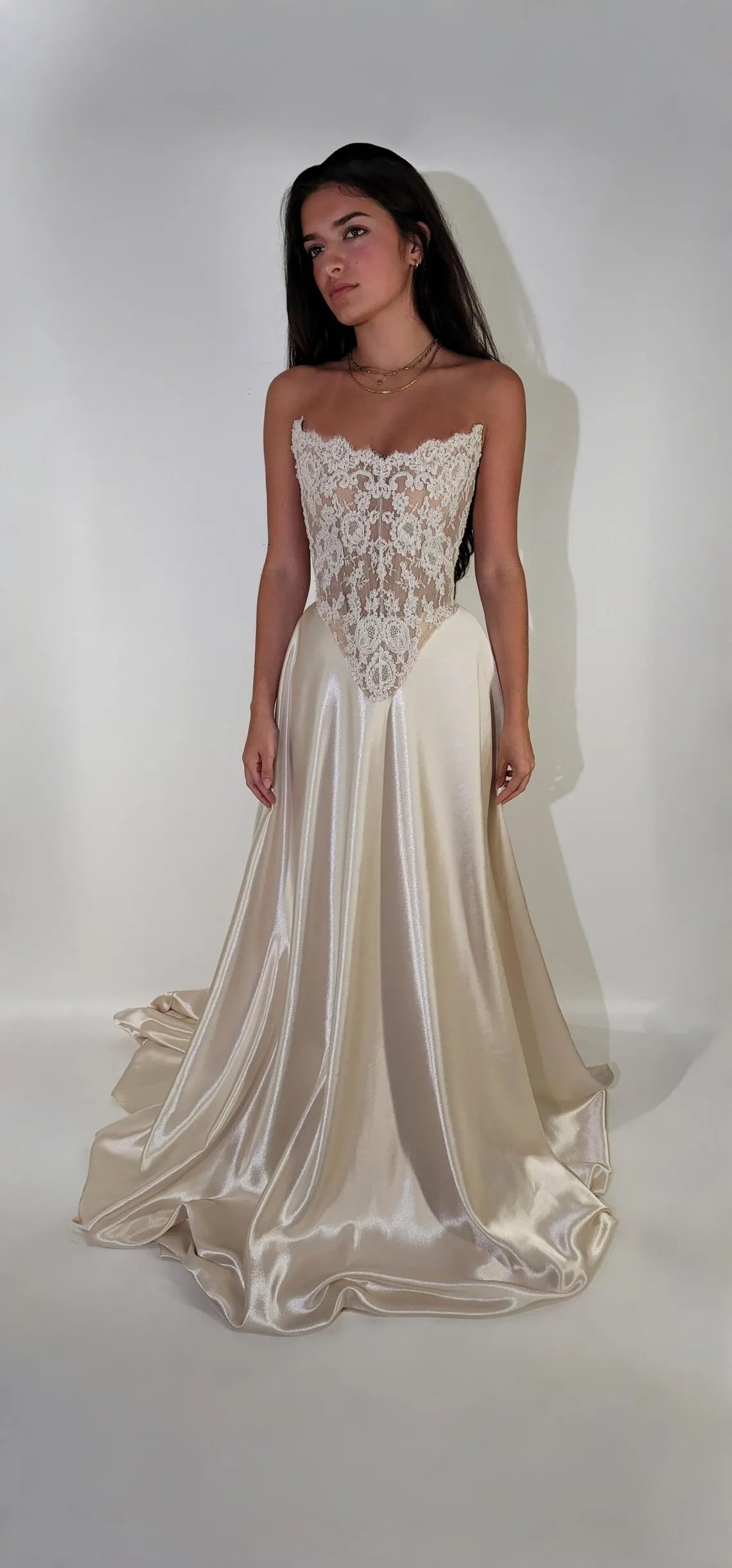 Modern Off Shoulder Beaded Lace Corset Wedding Dress with Satin Skirt and Train, Basque Waist Bridal Gown,