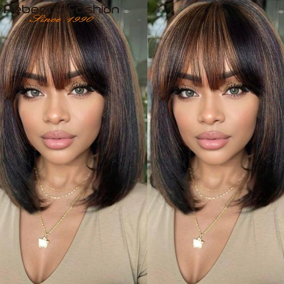 Glueless Highlight P1B/30 Short Bob 3x1 Lace Human Hair Wig Ready To Go Straight Bob With Bangs For Women Beginner Friendly