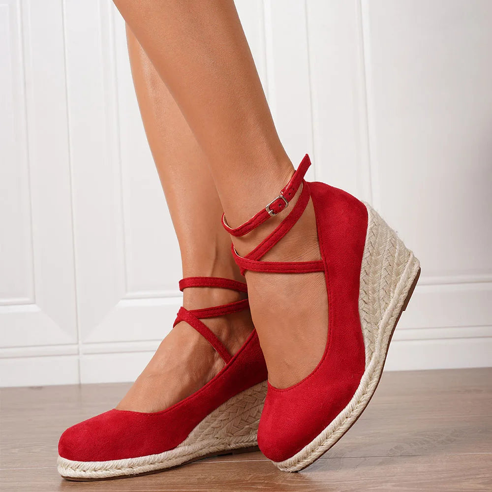 2025 Comfy Walk Big Size 43 Summer Lace Espadrilles Sandals Women Ankle Strap Platform Sandals High Heels Wedges Shoes Woman