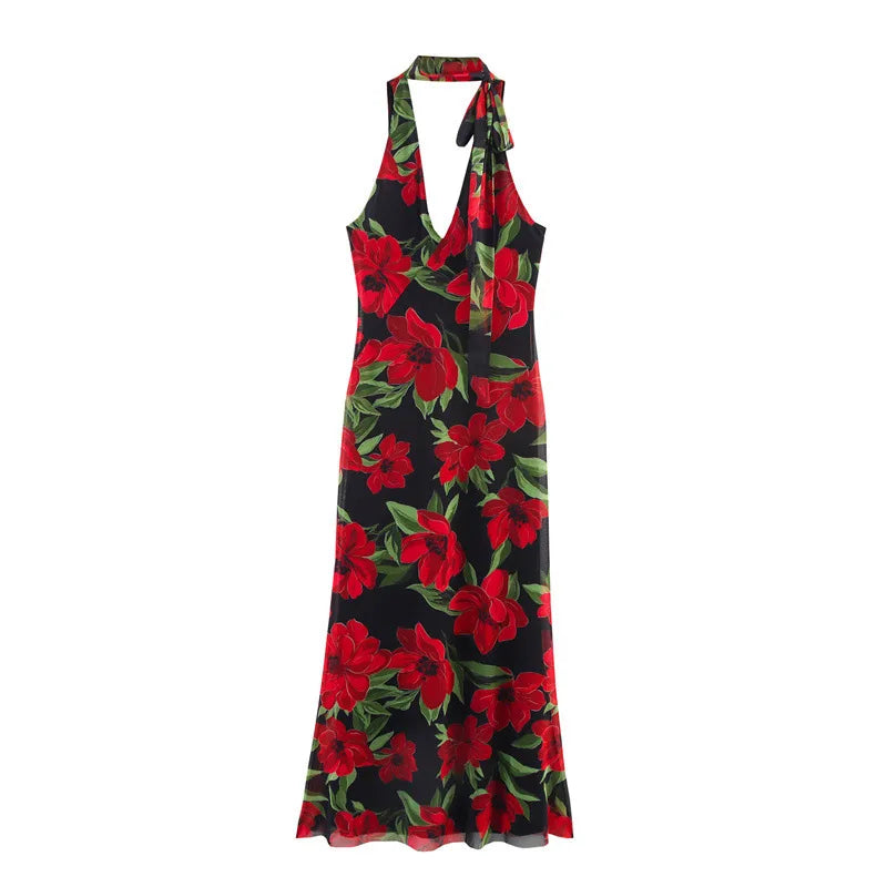 Sexy Flower Print Top Long Skirt Set Women Slim Ruffle Strap U-neck Top Loose High Waist Skirts  Fashion Summer Party Suit