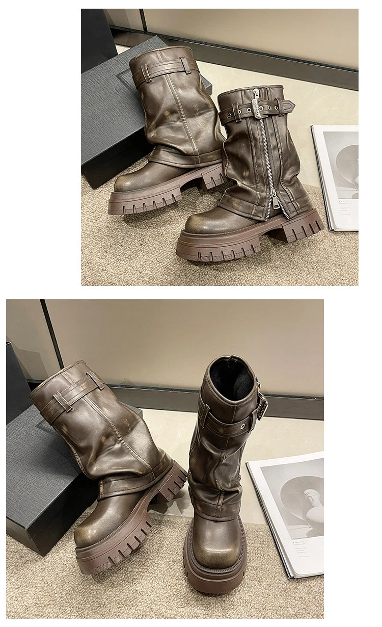2025 Winter Designer Women Mid-calf Boots Western Short Boots Belt Buckle Soft Leather Boots Fashion Thick Bottom Platform Shoes