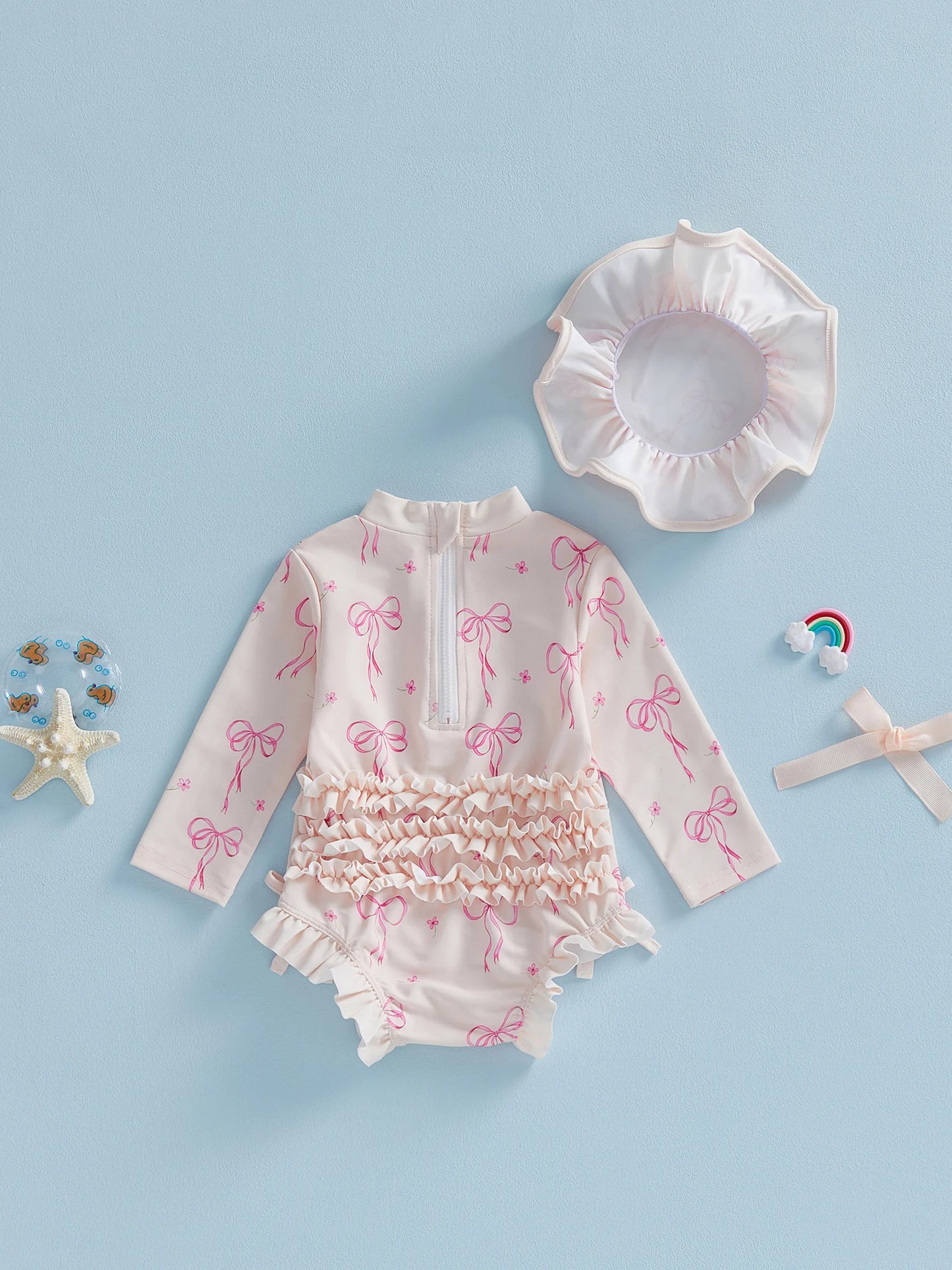 Toddler Baby Girl Rash Guard Swimsuit Bow Print Ruffled Long Sleeve Round Neck Beachwear Jumpsuit and Hat Swimwear 2Pcs Set
