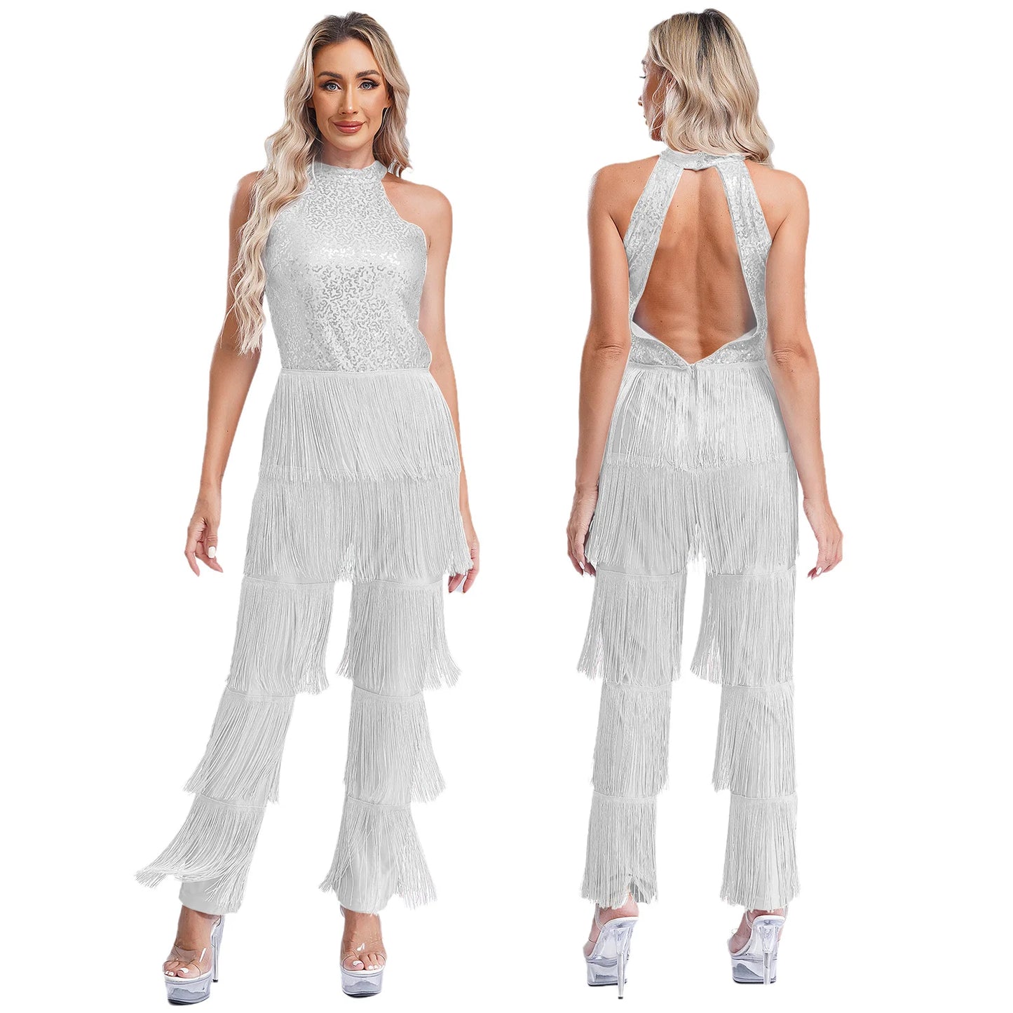 Halloween Hippie Costume womne Vintage 70s Disco Stage Performance Dancing Jumpsuit Singer Sequins Tassel Tango Cha-cha Costumes