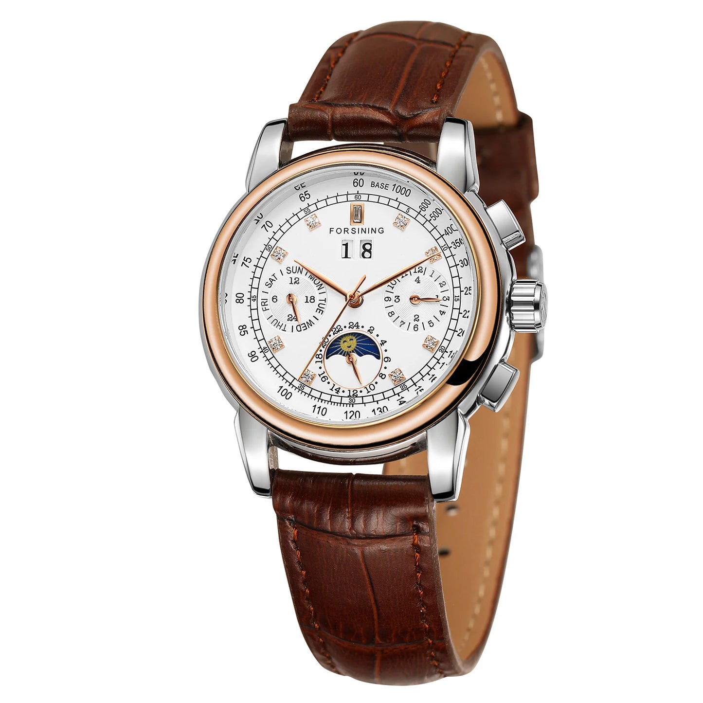 Forsining Fashion Ladies Stainless Steel Case Moon Phase Mechanical Watch Women's Multifunctional Diamond Dial Automatic Clock