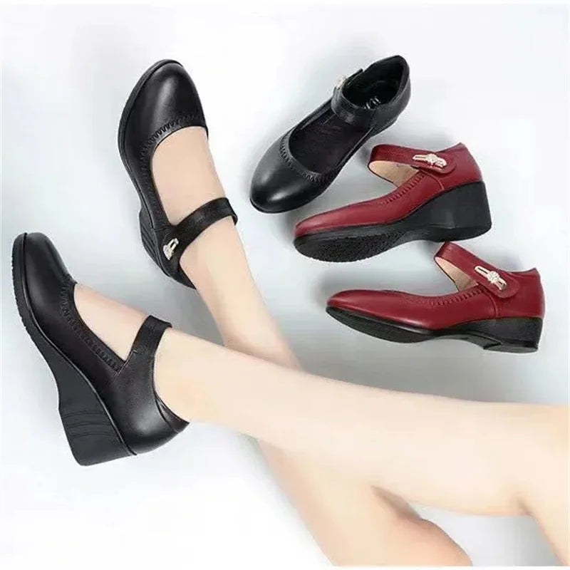 Zapatos De Mujer Women Cute Comfort Buckle Strap Black Patent Leather Height Increased Shoes Lady Cool Wine Red Heel Shoes E818