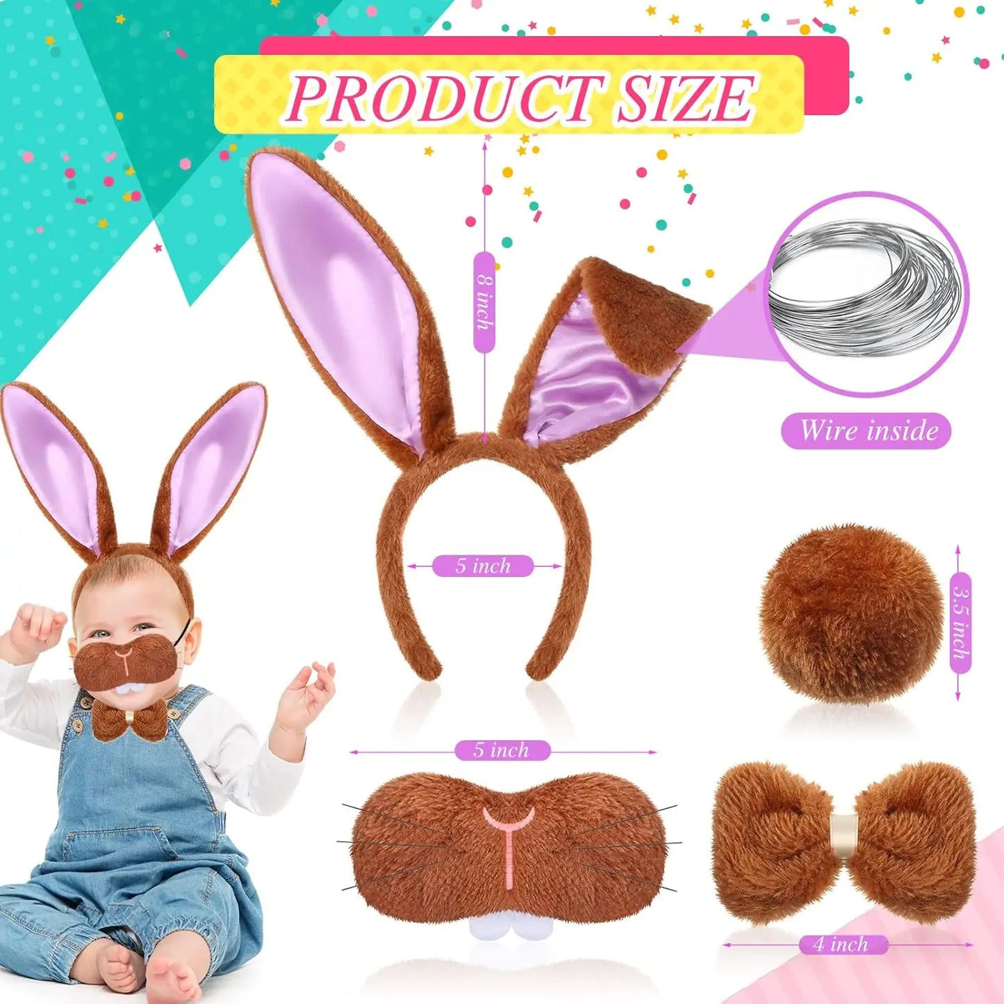 Halloween Bunny Costume Accessories Set Bunny Nose Tail Tie and Ears for Boys Girls Halloween Party Cosplay
