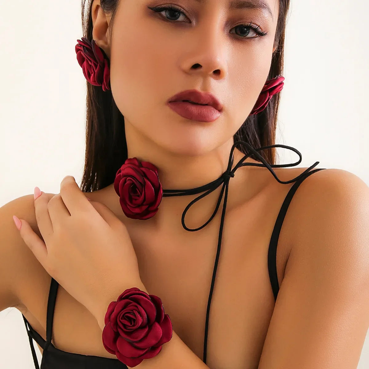Women Adjustable Rope Choker Clavicle Chain Goth Y2K Romantic Rose Flower Necklace Bracelet Earrings Set