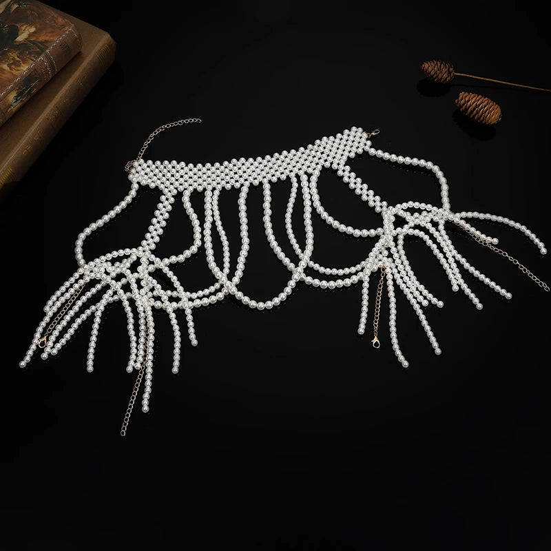 Fashion Pearl Shoulder Chain Jewelry Wedding Party Big Necklace Sweater Chain Shoulder Chain Wedding Accessories Gift for Women