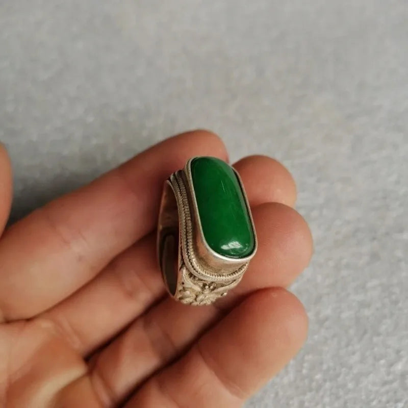 Vintage Green Jade Ring, Tibetan Silver Inlaid, Adjustable Stretch Band for Men & Women