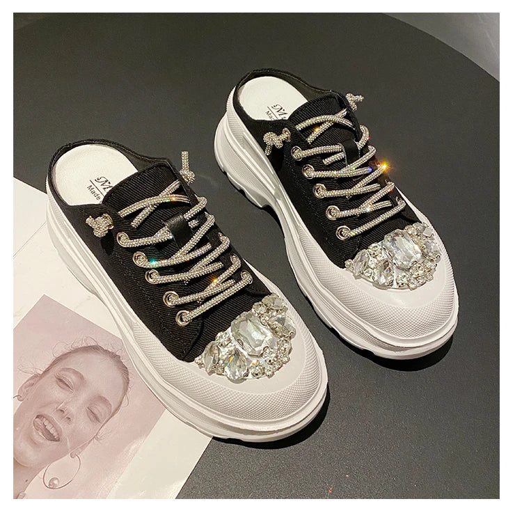 Women Shiny Rhinestones Shoes Four Seasons Casual Sneakers Women Stylish Sport Shoes Lace-Up Sports slippers zapatos mujer