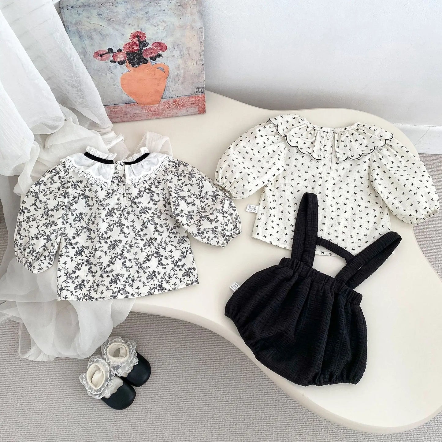 5364 Baby Clothes 2025 Spring Fahion Baby Girl's Bib Suit Lapel Long-sleeved Shirt Or Bag Fart Pants Climbing Clothes