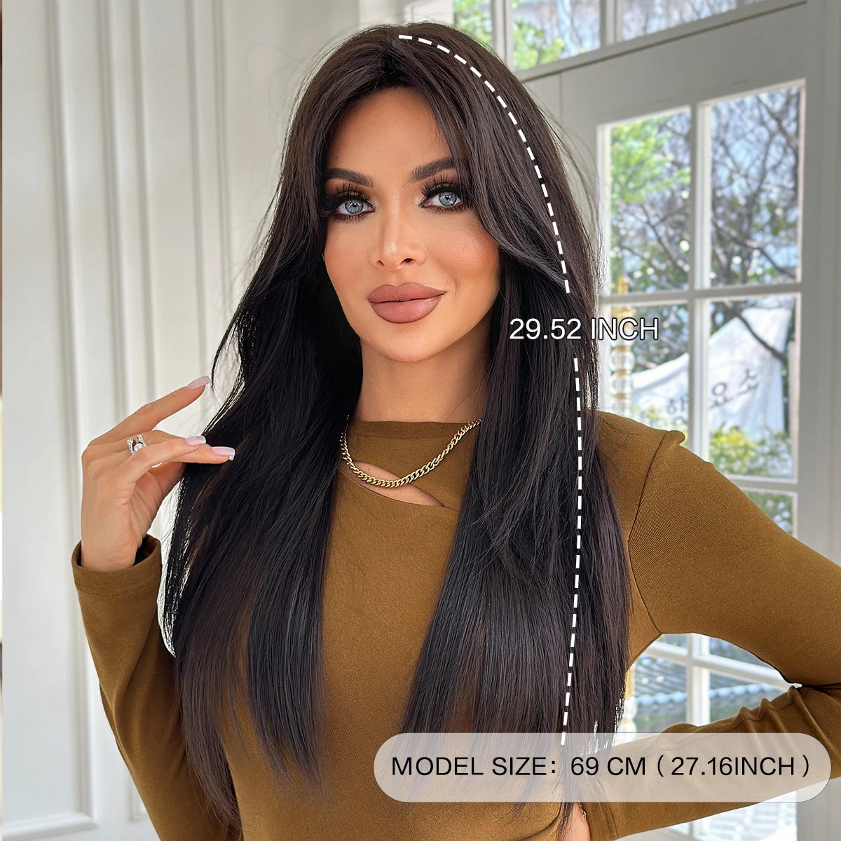 Long Straight Dark Brown Wig High Density Synthetic Middle Part Wigs with Curtain Bangs for Women Daily Party Use