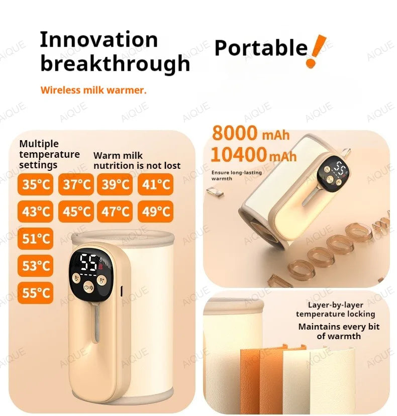 AiQUE 10400mAh Cordless Baby Bottle Warmer Smart Temperature Control USB Fast Charging Outdoor Travel Milk Warmer for Feeding