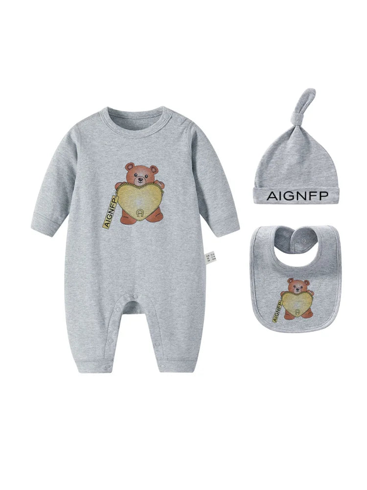 Cute Bear Jumpsuit Newborns Autumn Clothes 2025 Hot Sale New Soft Bib scarf Hat Toddler Romper Sets Baby Long sleeves Bodysuits