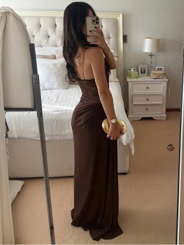 XIAOTANG One Shoulder Lace See Through Sexy Maxi Dress Women Gown Fashion Off-shoulder Sleeveless Backless Club Long Dresses