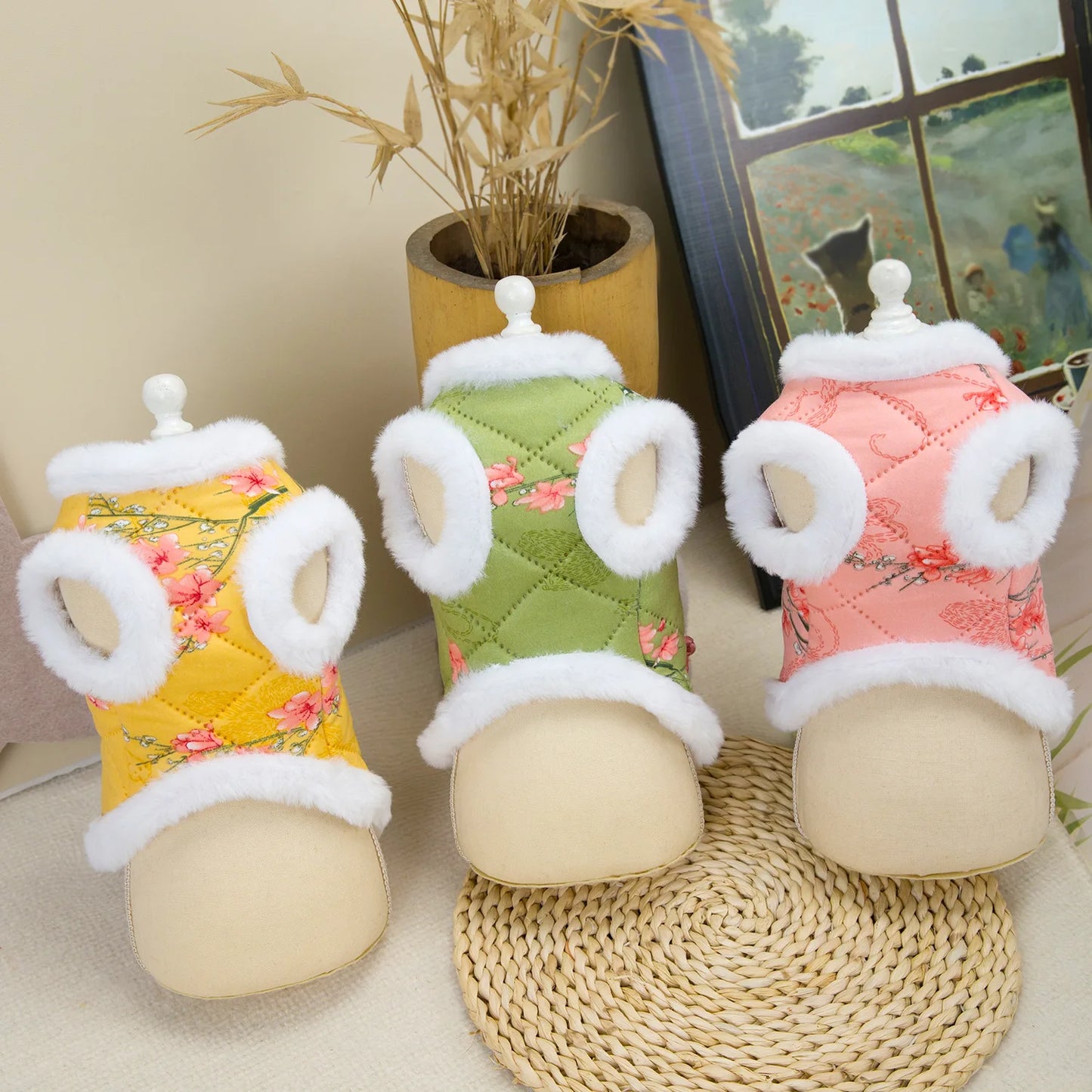 Vintage Pet Winter Warm Coat Puppy Clothes for Small and Medium Doggy Pomeranian Chihuahua Jacket With Flower Outdoor Clothing