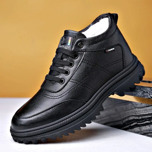 Men's Winter Thickened Warmth Casual Shoes Fleece Lined Business Style Leather Shoes Low Top Lace up Comfortable Alligator Pa...