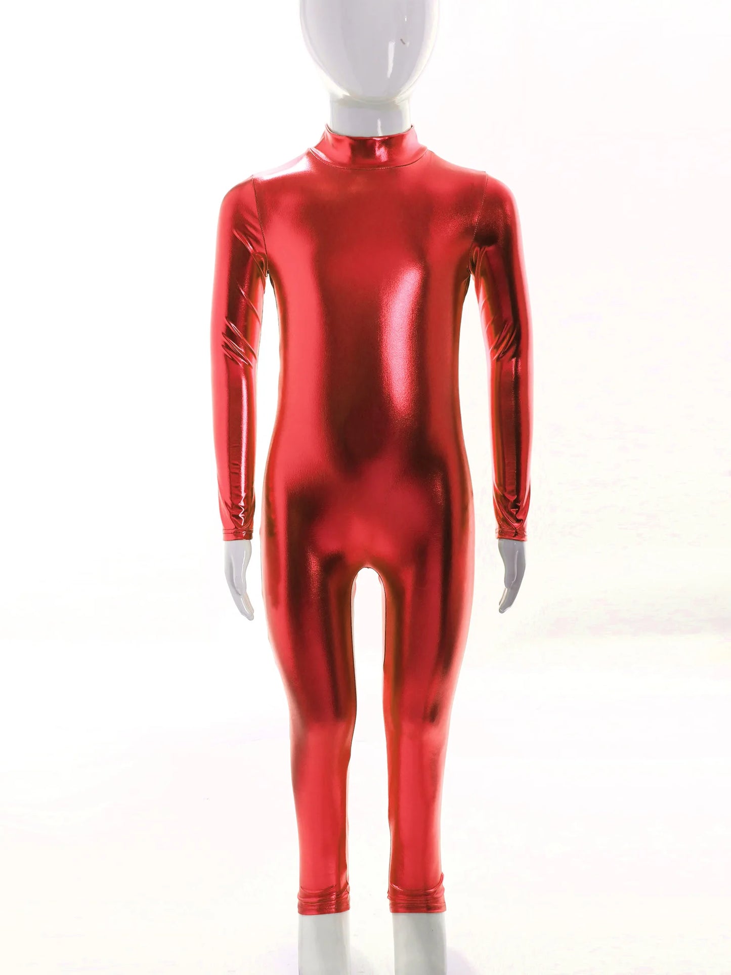 Kids Boys Girls Dance Metallic Jumpsuit Children's Gymnastics Bodysuit Performance Costume Long Sleeve Full Length Leotard