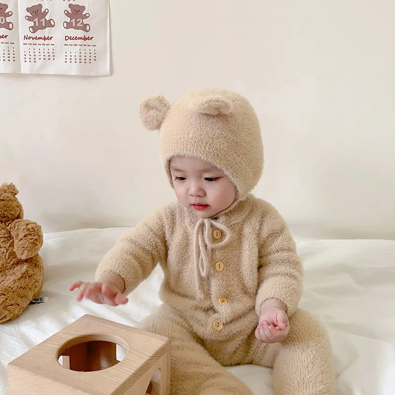 Baby Outfit Newborn Photography Props Mohair Knitted Bear Rompers Footed Jumpsuit Hat 2pcs/Sets Photography Clothing Accessories