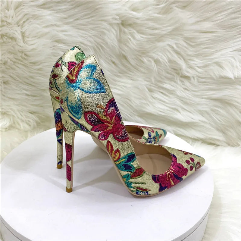 Fashion Print Women's Pumps 8CM 10CM 12CM Sexy Pointy Toe Luxury Female Shoes 2025 Spring Summer All-Match Woman Gold High Heels