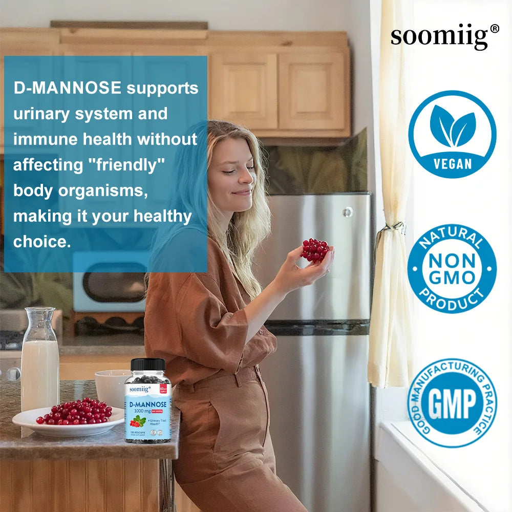 D-Mannose 1000mg Capsules, with Cranberry - Supports Urinary Tract and Bladder Health, Promotes Digestive Health - 120 Capsules