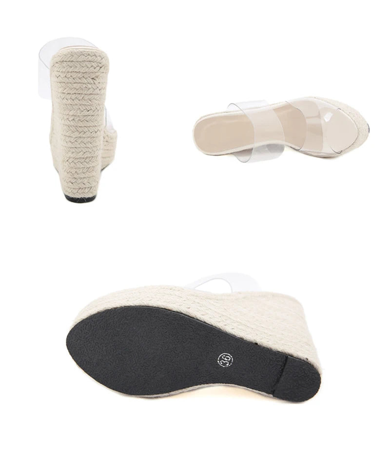 Summer PVC Transparent Peep Toe Cane Straw Weave Slippers Platform Wedges Sandals Women Fashion High Heels Female Shoes