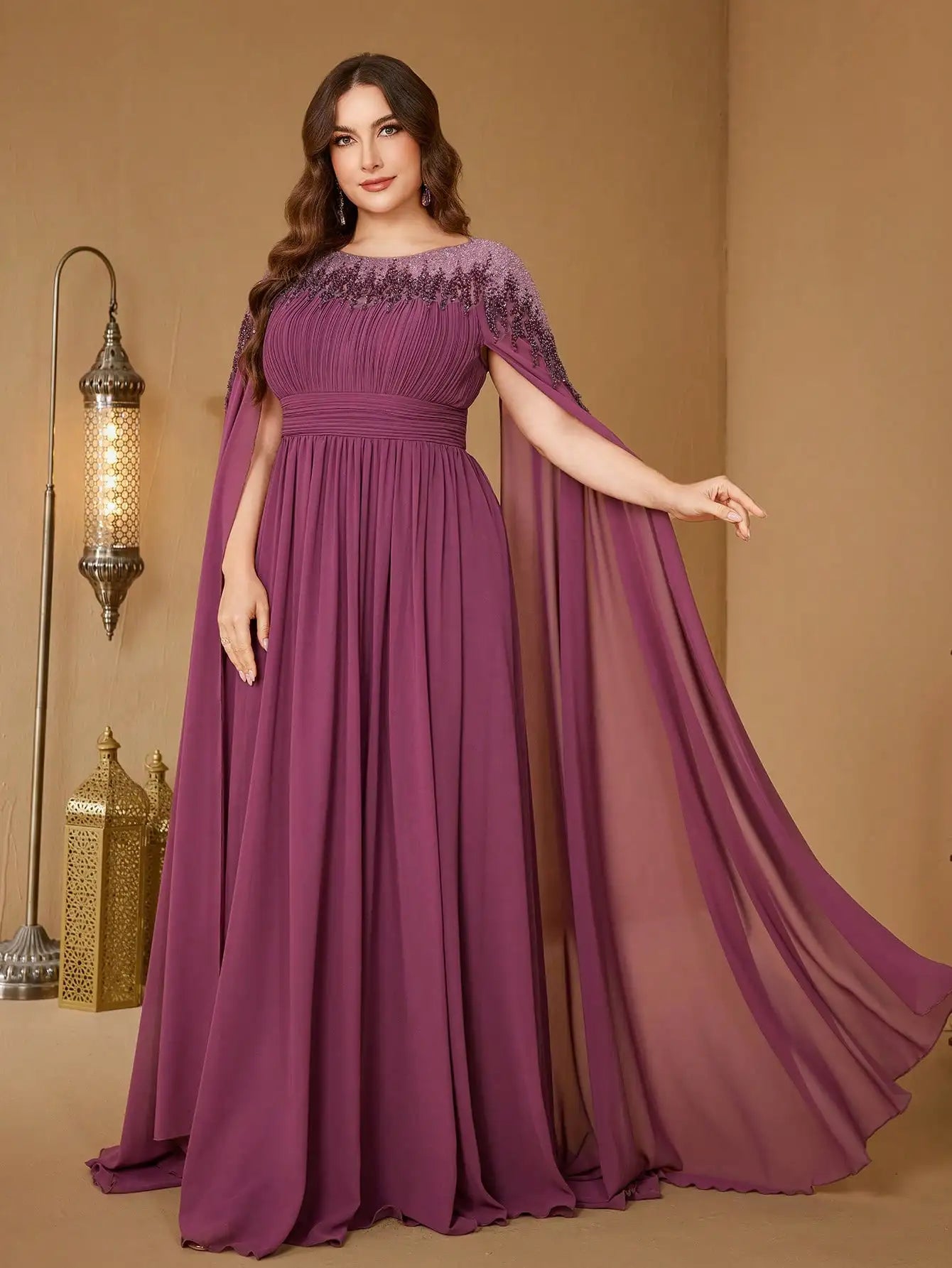 UNITHORSE Plus Women's Stand Collar Cape Sleeve Sequin Patchwork Slim-Fitting Chiffon Temperament Evening Dress