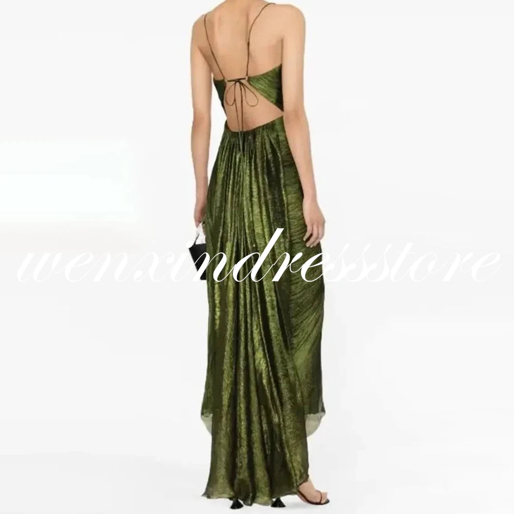 Customized  Green Chiffon Spaghetti Straps Evening Dress  Floor Length Strapless Straight Sleeveless Lace Up Back Celeb
