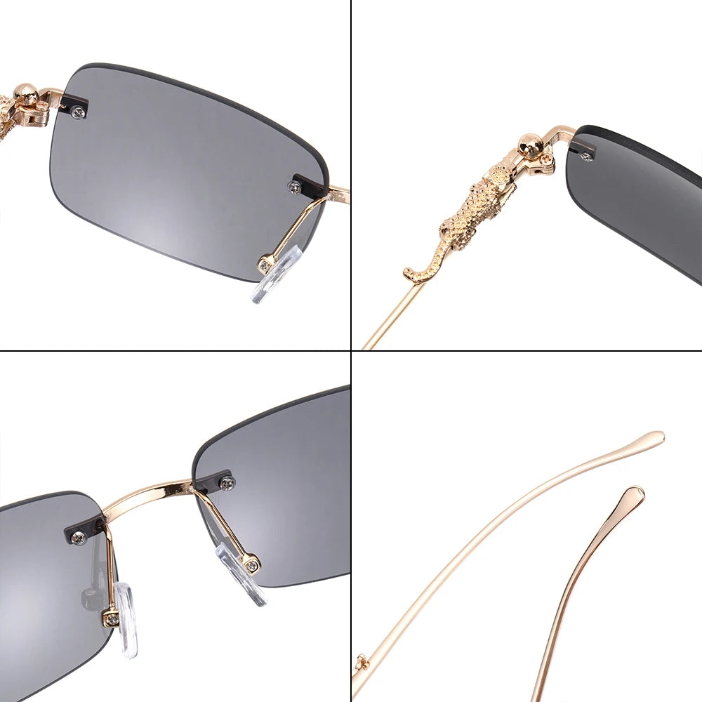 Rimless Square Sunglasses Women Men Luxury Brand Designer Popular Travel Driving Metal Leopard Head Sun Glasses Shade Eyewear