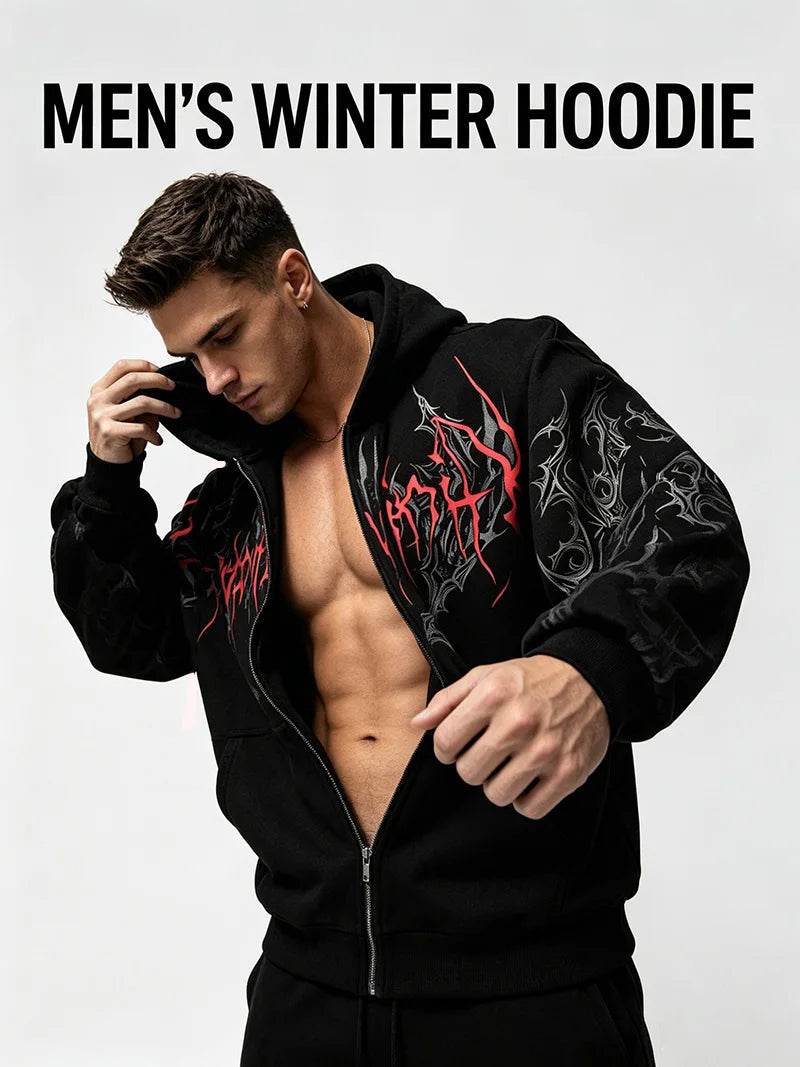 Men Gothic Skull Thorn Graphic Full Zip Up Hoodie Fleece Lined Long Sleeve Winter Punk Goth Streetwear Oversized Sweatshirt