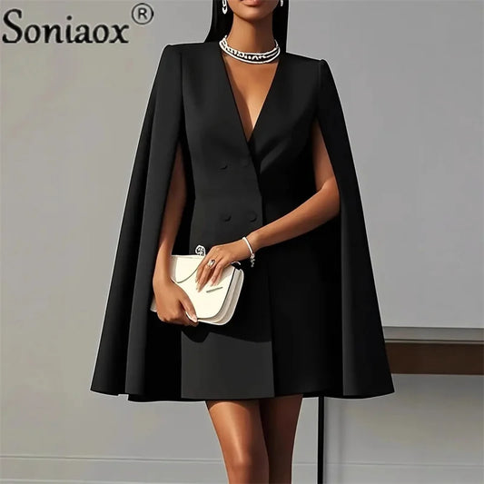 2025 Autumn Solid Color Blazer Dresses Woman Double Breasted Decoration A-Line Office Dress Lady Elegant Party Shawl Cape Dress