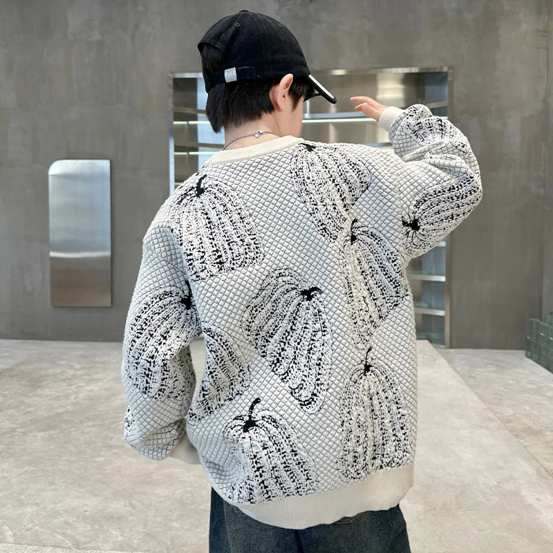 Children Halloween Pumpkin Sweater For Boys Fancy Knitted Outfit Clothing Kids Elegant Pullover Knitwear For Teenagers Age 5-14T