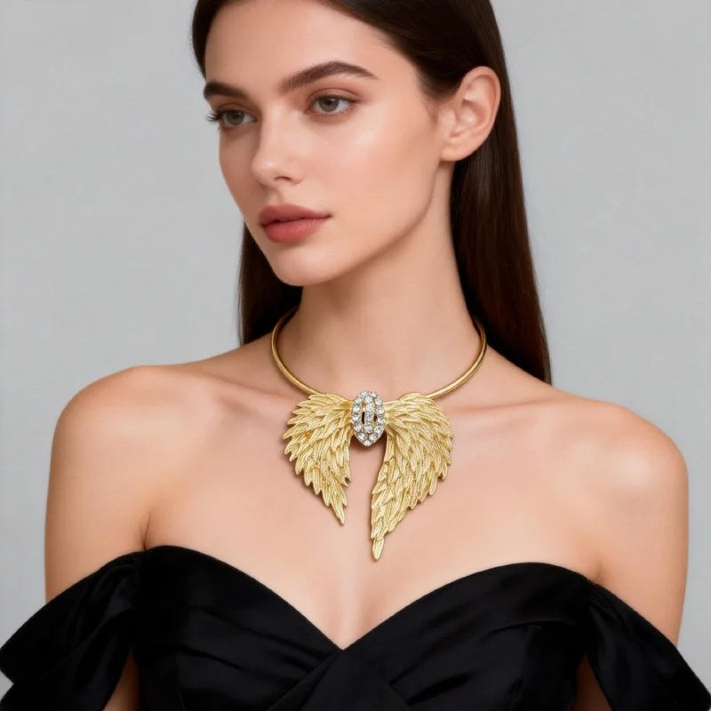Luxury Gold Angel Wing Choker Necklace Vintage Crystal Inlaid Statement Collar for Women Wedding Evening Party