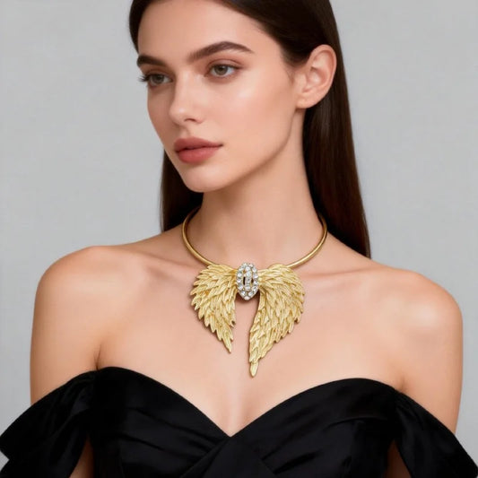 Luxury Gold Angel Wing Choker Necklace Vintage Crystal Inlaid Statement Collar for Women Wedding Evening Party