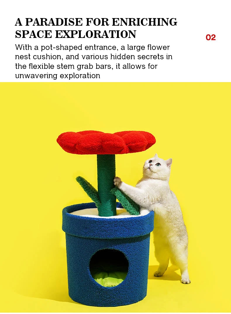 Red Flower Potted Cat Tree with Integrated Cat Bed Below Medium-Sized Cat Tree (Suitable for Cats Under 15 lbs)