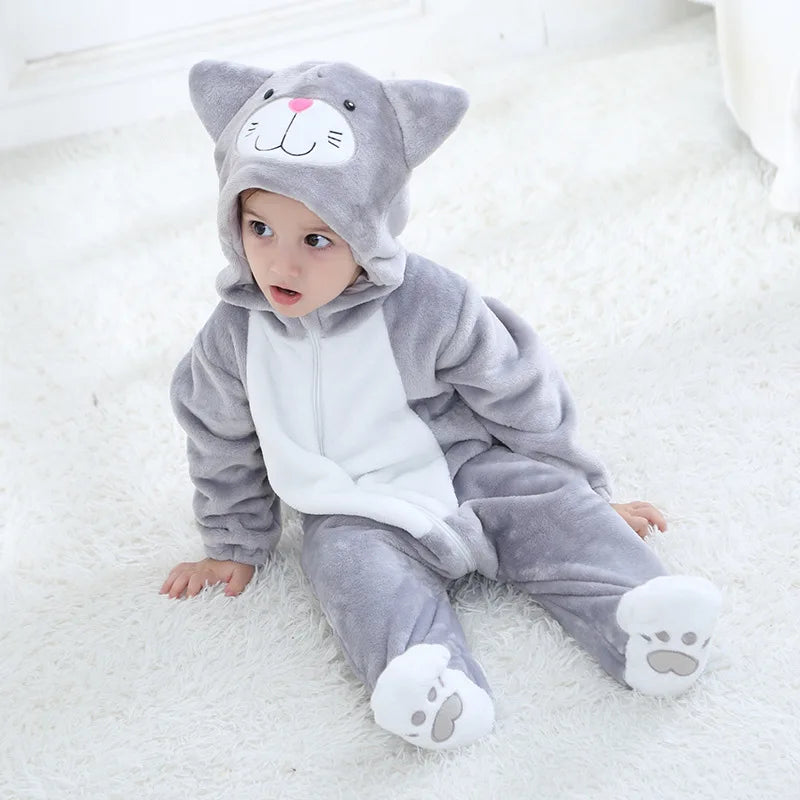 Lovely Cat Costume Baby Boys Girls Clothes Romper Soft Flannel Hooded Bodysuits Pajamas Winter Infant Jumpsuit Toddler Outfits