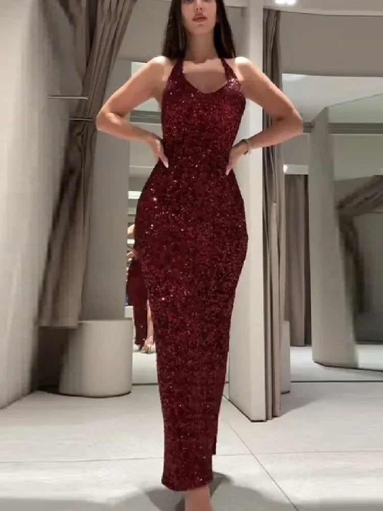 Sexy Lady Sequin Halter Maxi Dress Sleeveless O Neck Backless Party Long Robe 2026 Spring New Luxury Evening Dresses