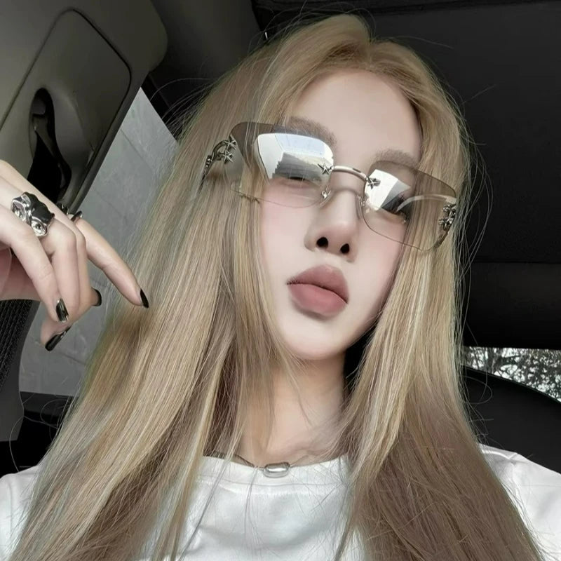 Punk Rimless Square Sunglasses Women Men Metal Bow Frame Luxury Designer Glasses Popular Shade Summer Travel Sun Glasses Eyewear