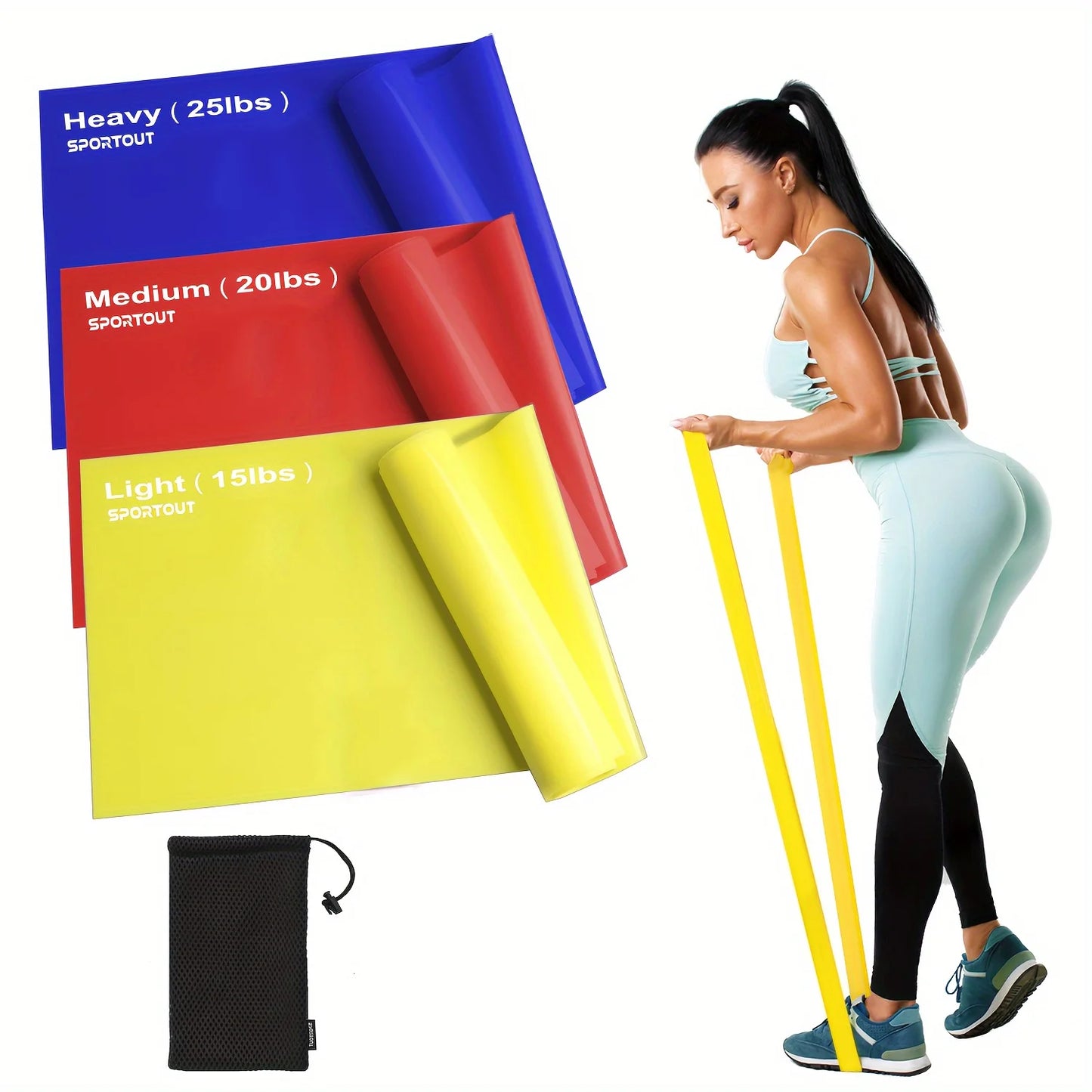 Fitness yoga elastic belt three colors, with portable drawstring storage bag.