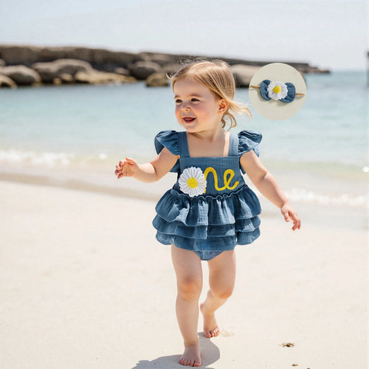 Newborn Baby Girls 1st Birthday Romper Dress Summer Cute Daisy Letter Embroidery Fly Sleeves Ruffles Jumpsuit and Headband Set