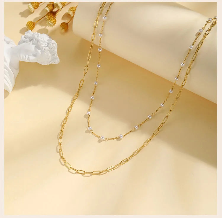 Pearl Choker Necklaces For Women, Double Layered Pearls Chain Necklace, Minimalist Stainless Steel Wedding Jewelry