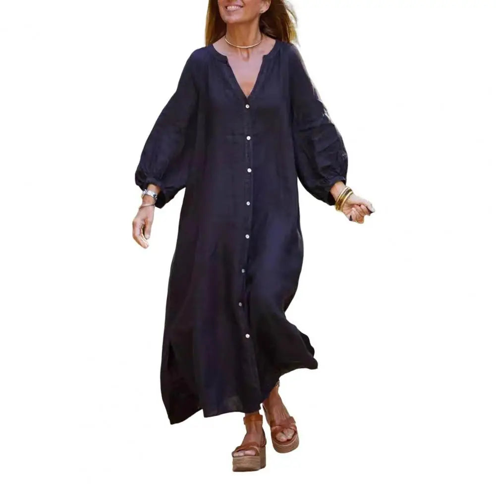 Spring Autumn Women Long Dress Loose Button-down 3/4 Sleeves Maxi Dress Pure Color V Neck Cardigan Casual Dress For Daily Wear