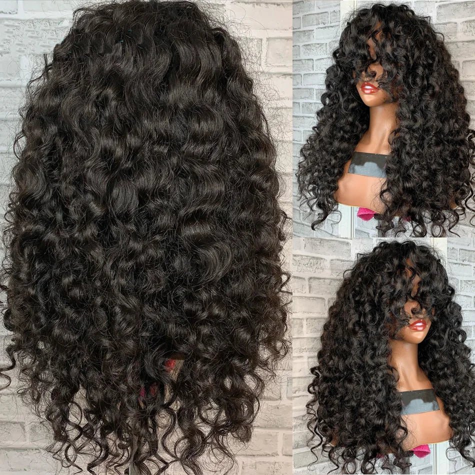 Soft 26“Long Natural Black Kinky Curly 180Density Lace Front Wig With Bangs Synthetic For Women High Resistant Glueless Daily