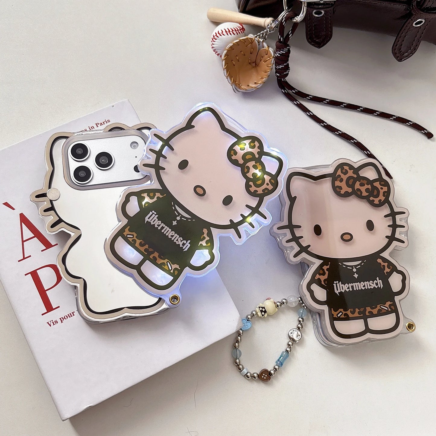 Sanrio Cartoon Glowing Hello Kitty Girlish Mirror Phone Case For IPhone 17 Pro Max 16 15 14 Promax Leopard Print Anti-drop Cover