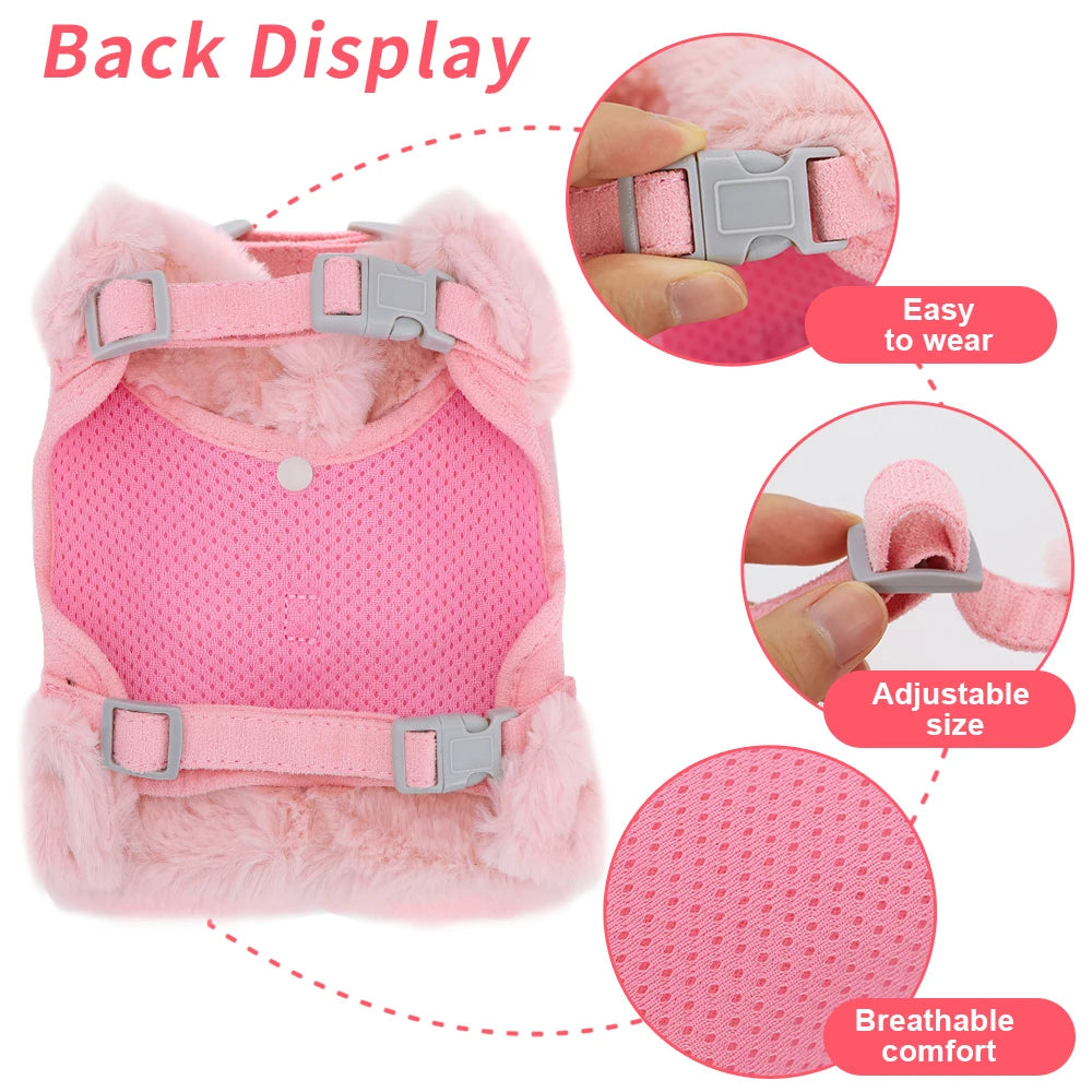 Soft Warm Dog Vest Harness and Leash Set Cute Bowknot Pet Winter Clothes Vest Warm Fur Small Dog Clothing French Bulldog Pink